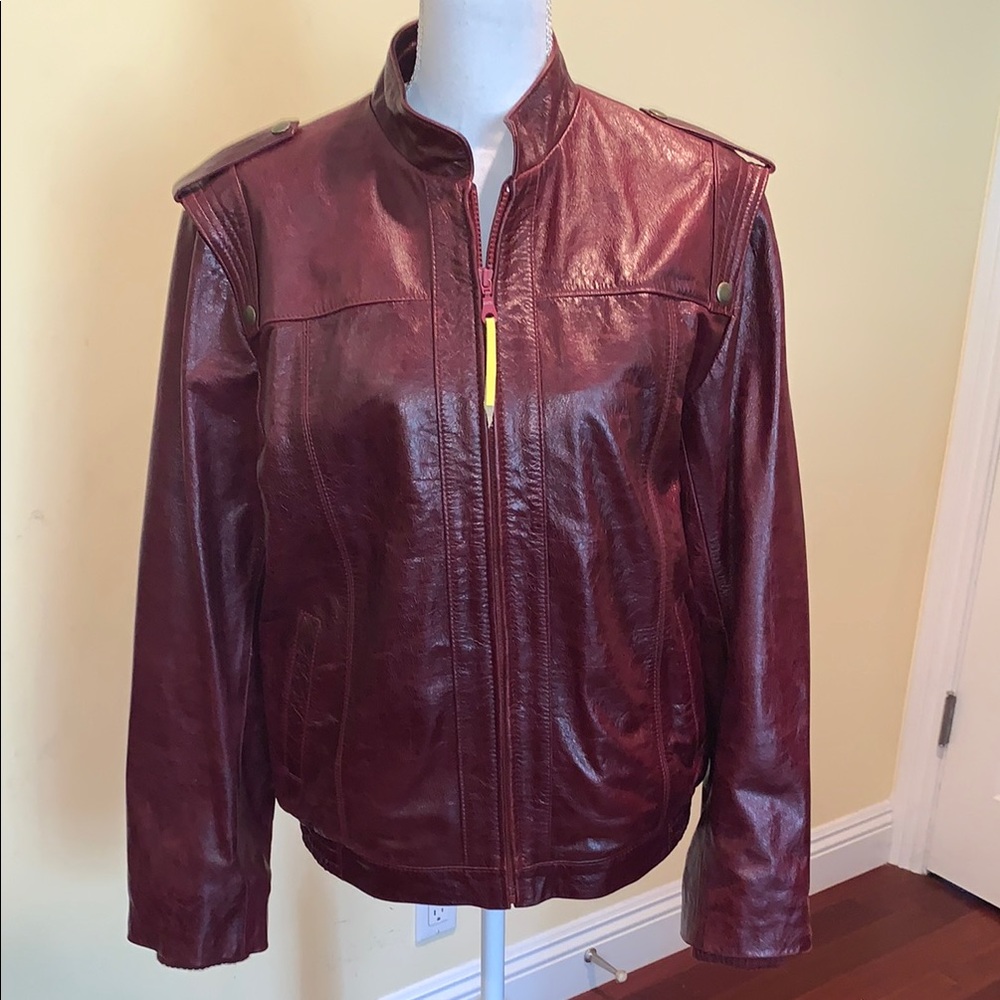 Felix Leather Bomber Jacket Burgundy Ribbed Cuffs Unisex Classic Moto Retro
